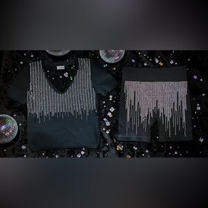 Black Cascading Diamond Embellished Ribbed Knit Top & Shorts Set | Size S/M